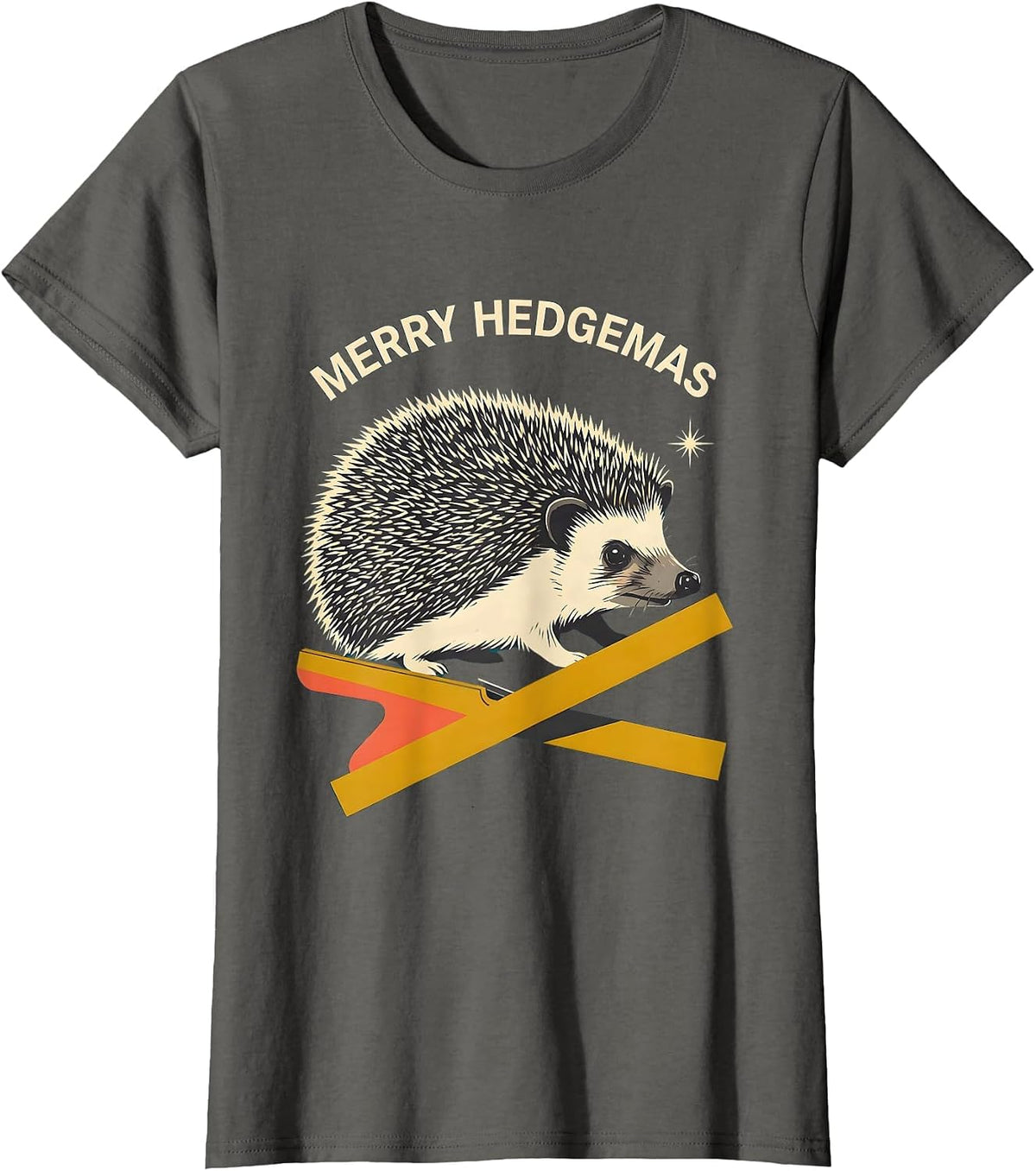Women's Merry Hedgemas Midcentury Modern Hedgehog Christmas Humor T-Shirt - Asphalt Grey