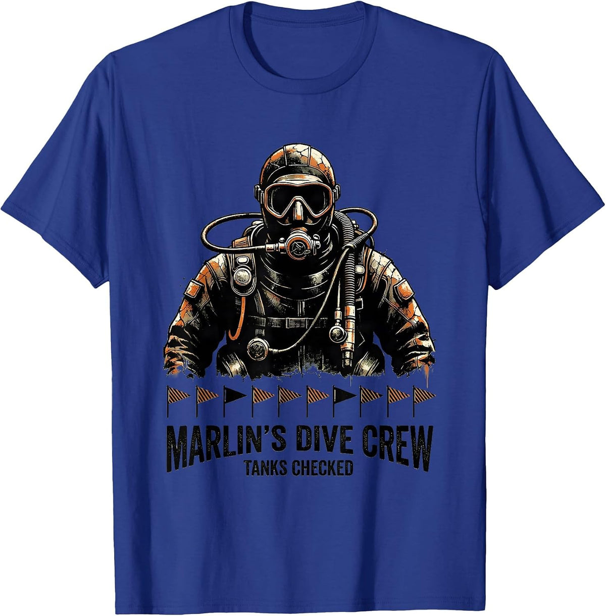 Marlin's Dive Crew Tanks Checked Distressed Scuba Diver T-Shirt - Royal Blue