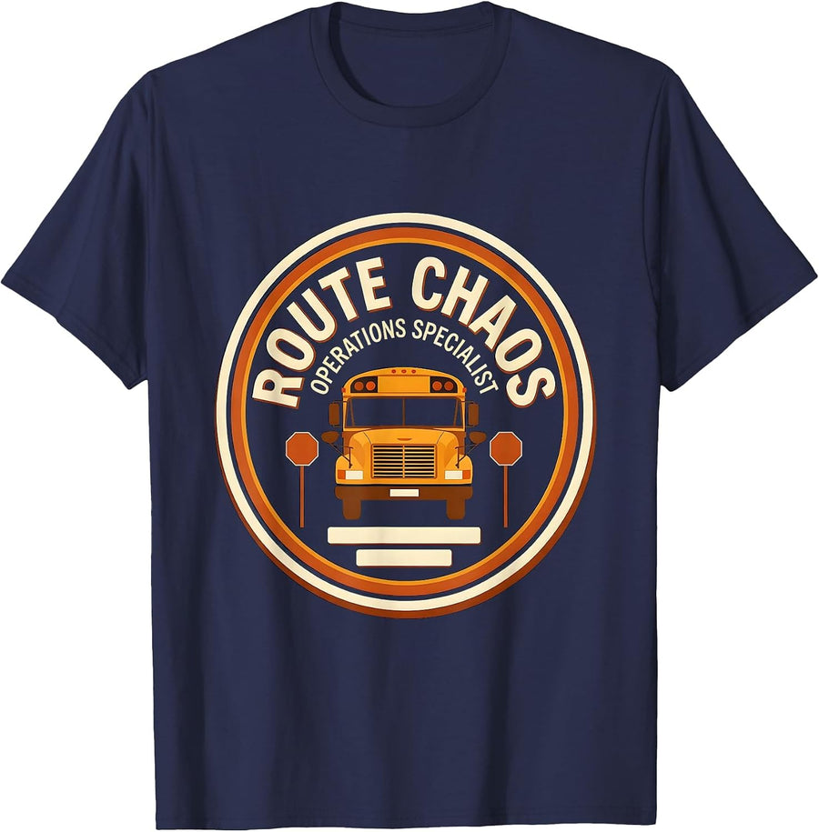 Route Chaos Operations Specialist Funny School Bus Driver T-Shirt - Navy Blue