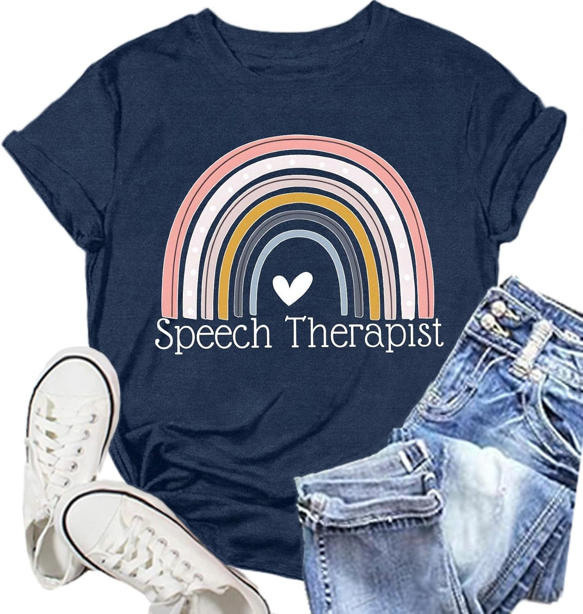 Speech Therapy Shirt for Women Speech Language Pathologist Graphic T-Shirts Rainbow Heart Autism Awareness Teacher Tee Tops