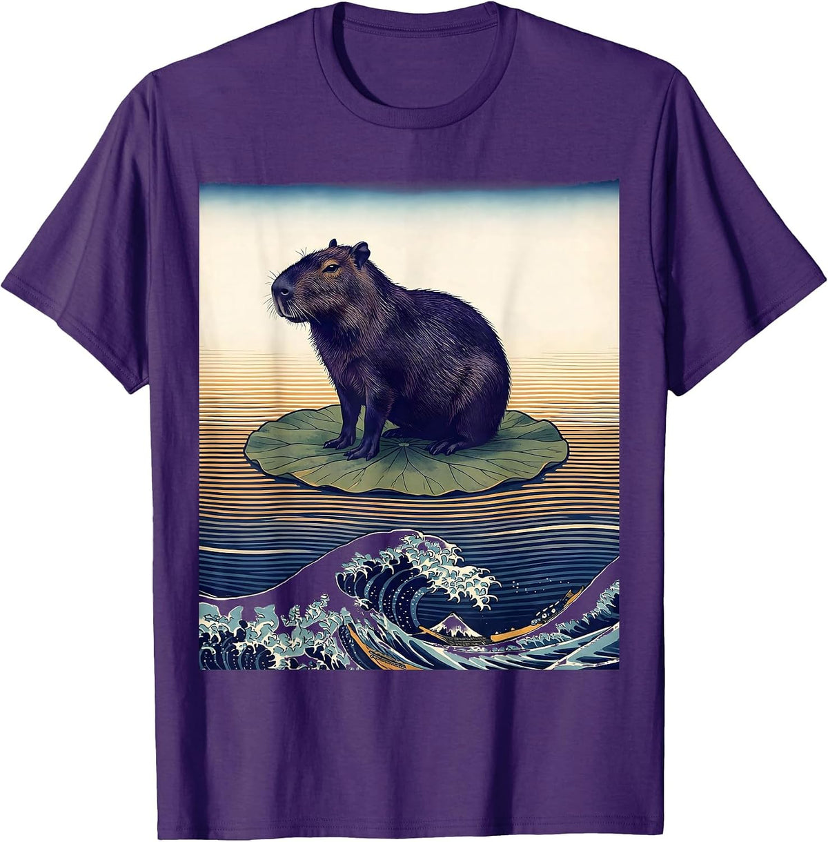 Men's Capybara Ukiyo-e Animal Humor Meme Gift T-Shirt - Purple