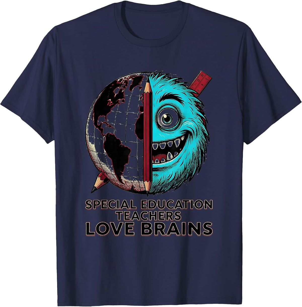 Men's Special Education Teachers Love Brains Wood Type Halloween T-Shirt - Navy Blue