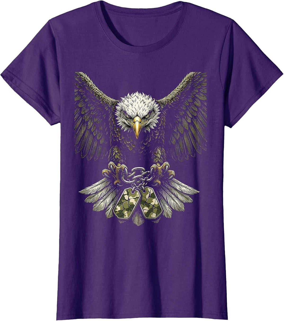 Women's Eagle Camo Dog Tags Patriotic Graphic Tee T-Shirt - Purple