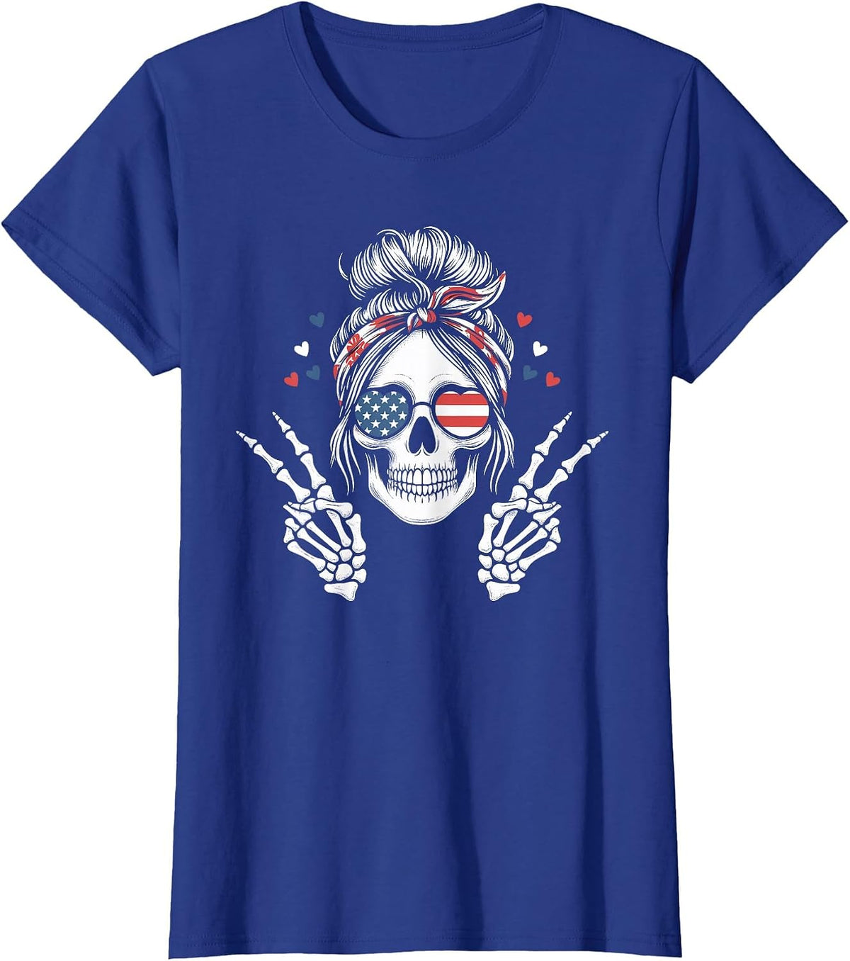 Patriotic American Flag Skull Messy Bun Peace USA 4th July T-Shirt - Royal Blue