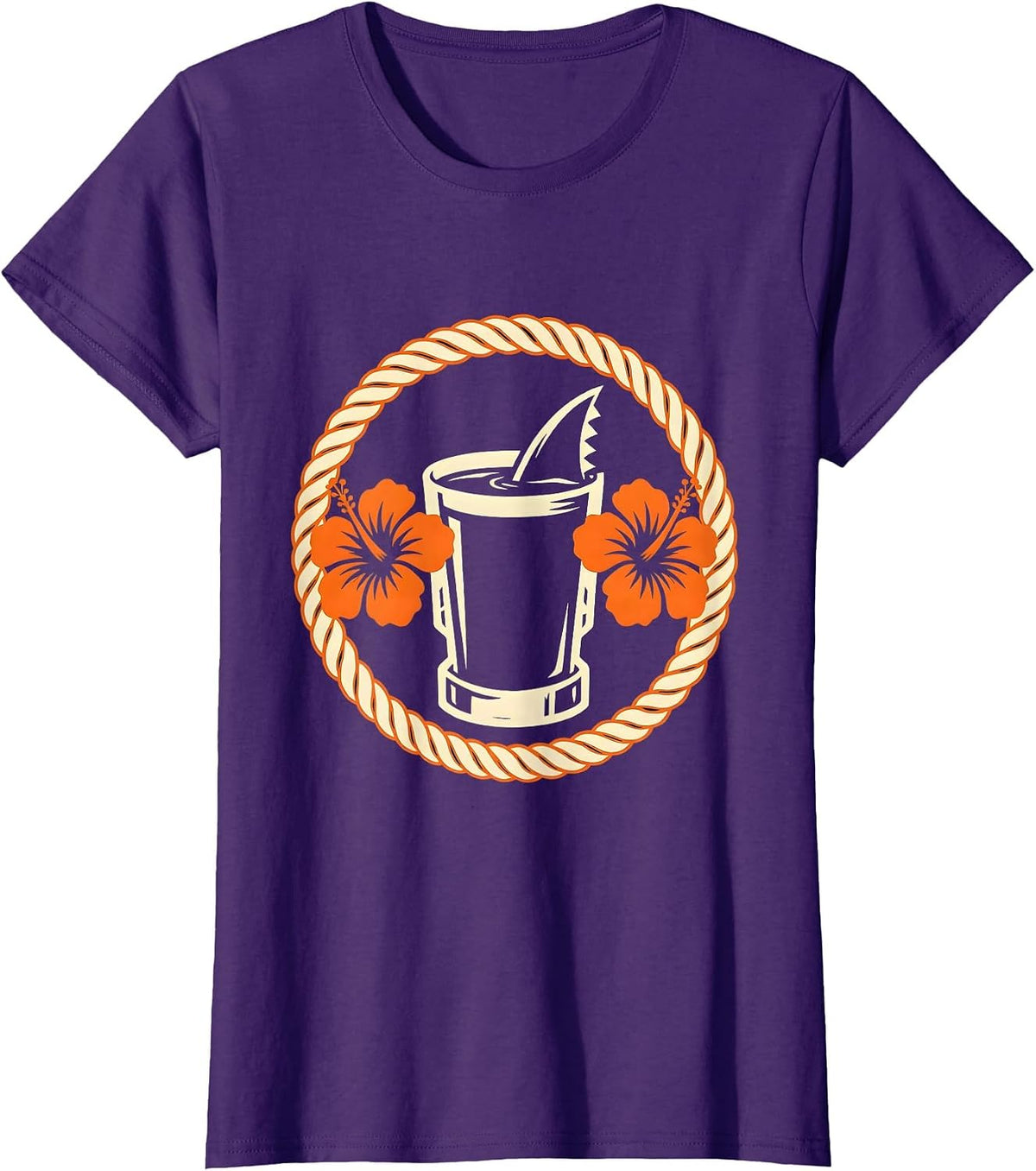 Women's Tropical Cocktail Shark Fin Hawaiian Design T-Shirt - Purple