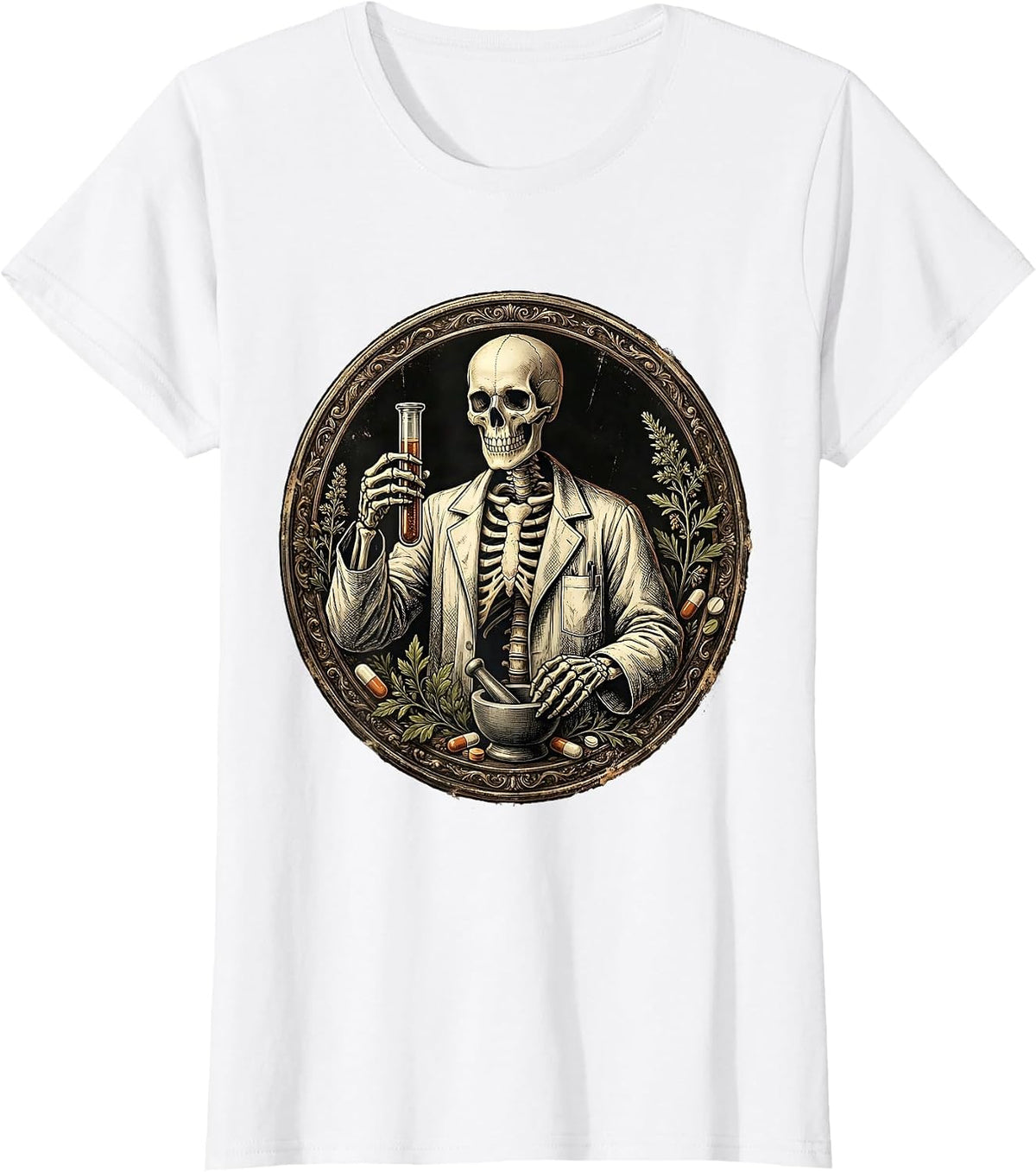 Skeleton Pharmacy Technician Lab Coat Medicine Vial T-Shirt - White