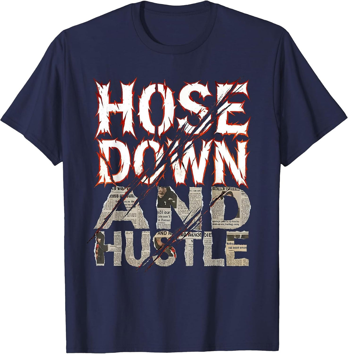 Hose Down and Hustle Firefighter Design T-Shirt - Navy Blue