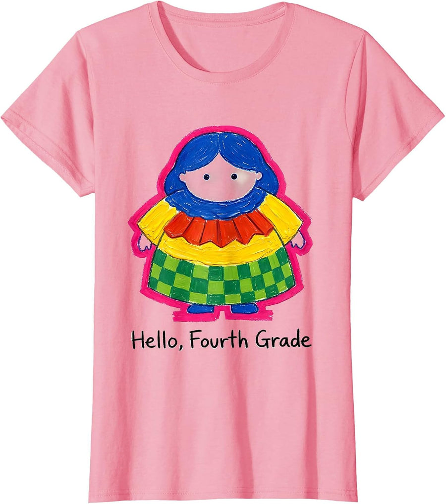 Women's Hello, Fourth Grade Cute Dumpling Girl Back to School T-Shirt - Pink