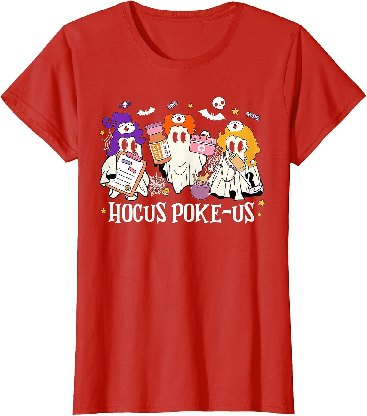 Hocus Poke-us Funny Ghost Nurse Spooky Season Halloween T-Shirt - Red