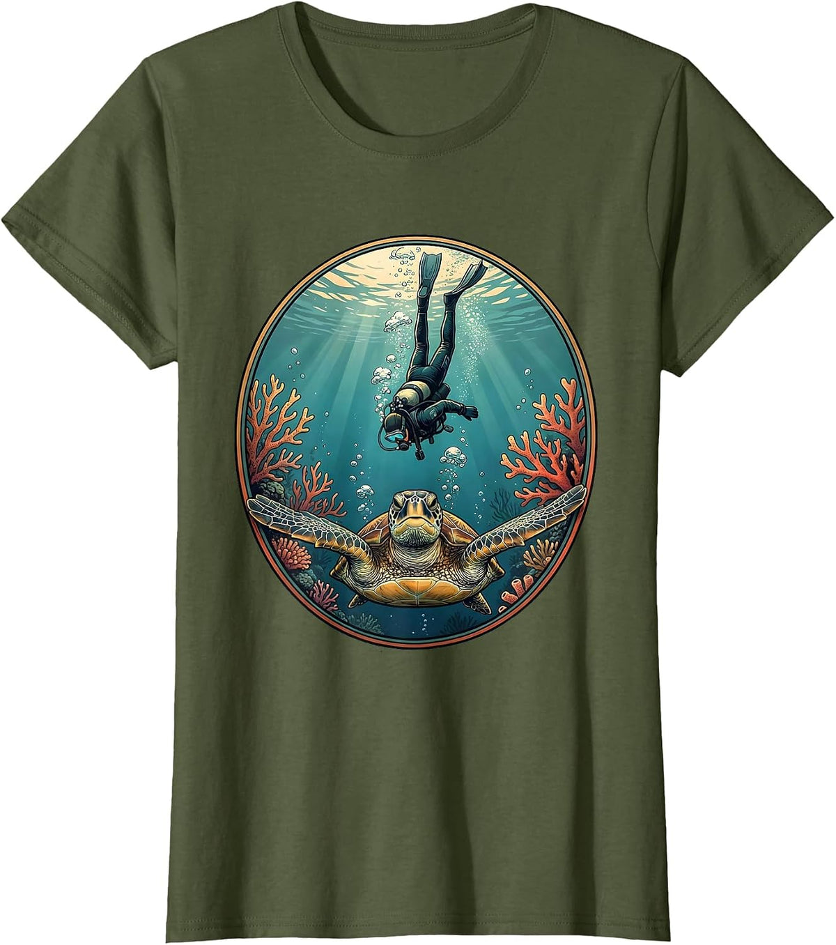 Women's Maui Diver and Sea Turtle Ocean Descent Graphic T-Shirt - Olive Green