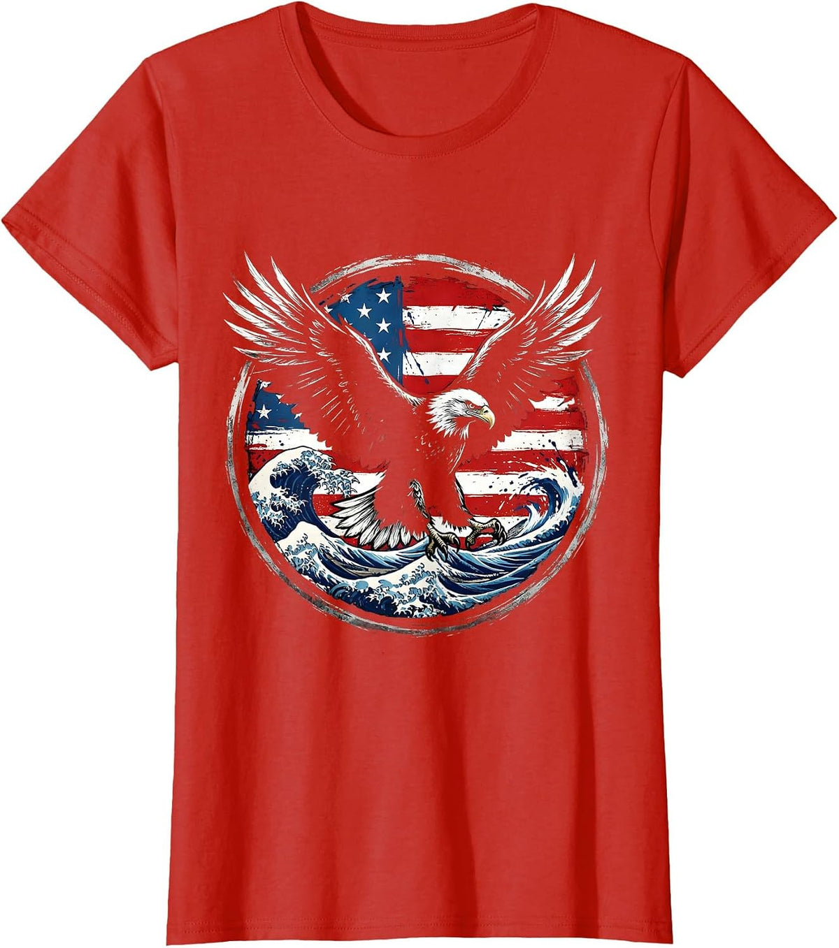 Bold Eagle Soaring Over Red White and Blue Waves T-Shirt - Red