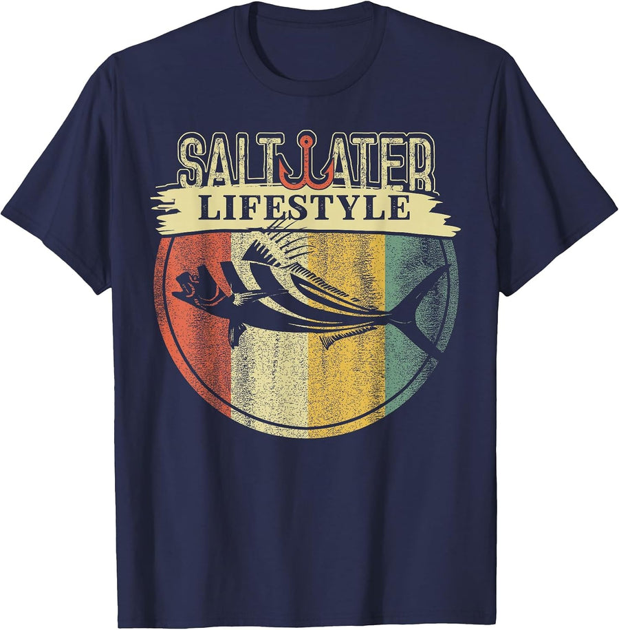 Saltwater Rooster Fishing Sport Game Fish Lover Fisherman T-Shirt - Navy Blue