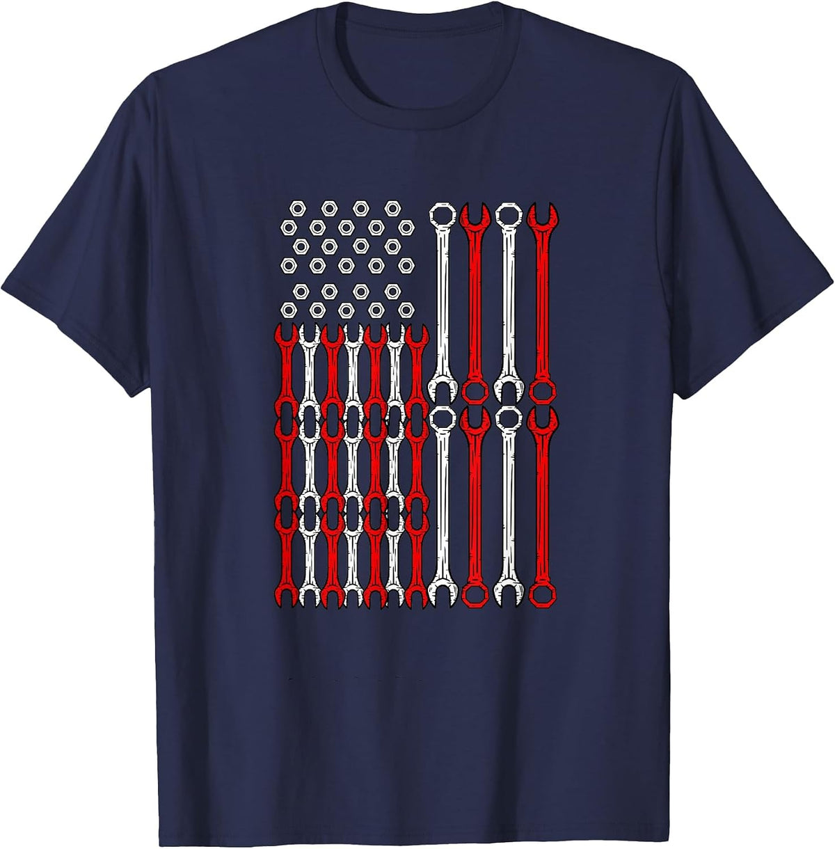 USA Red White and Blue Wrench Flag - Car Motor Repair Worker T-Shirt - Navy Blue