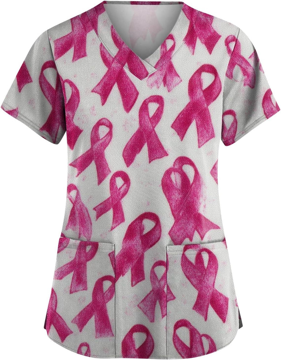 Breast Cancer Scrub Tops Women Plus Size Stretch V Neck Short Sleeve Nursing Scrub Shirts Lightweight Medical Uniform Pink