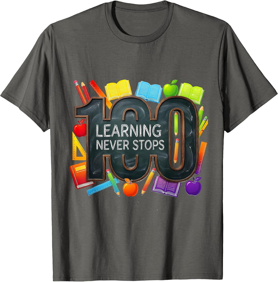 100 Days of School Learning Never Stops Design T-Shirt - Asphalt Grey