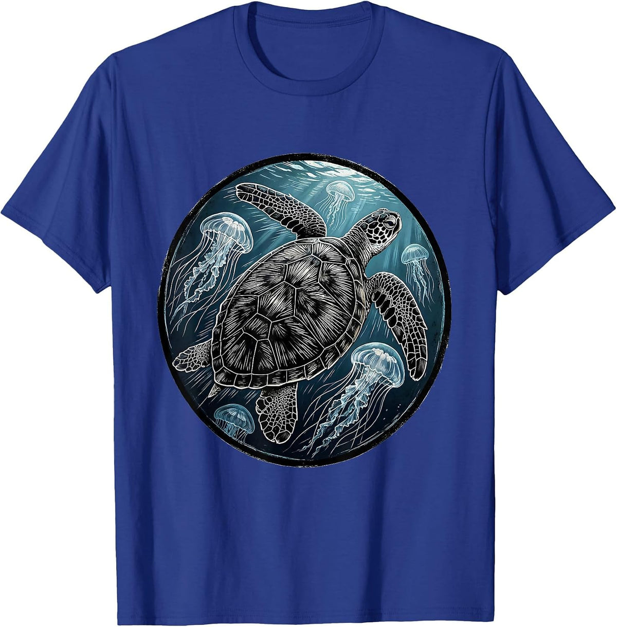 Men's Sea Turtle Swimming Through Jellyfish Bloom T-Shirt - Royal Blue