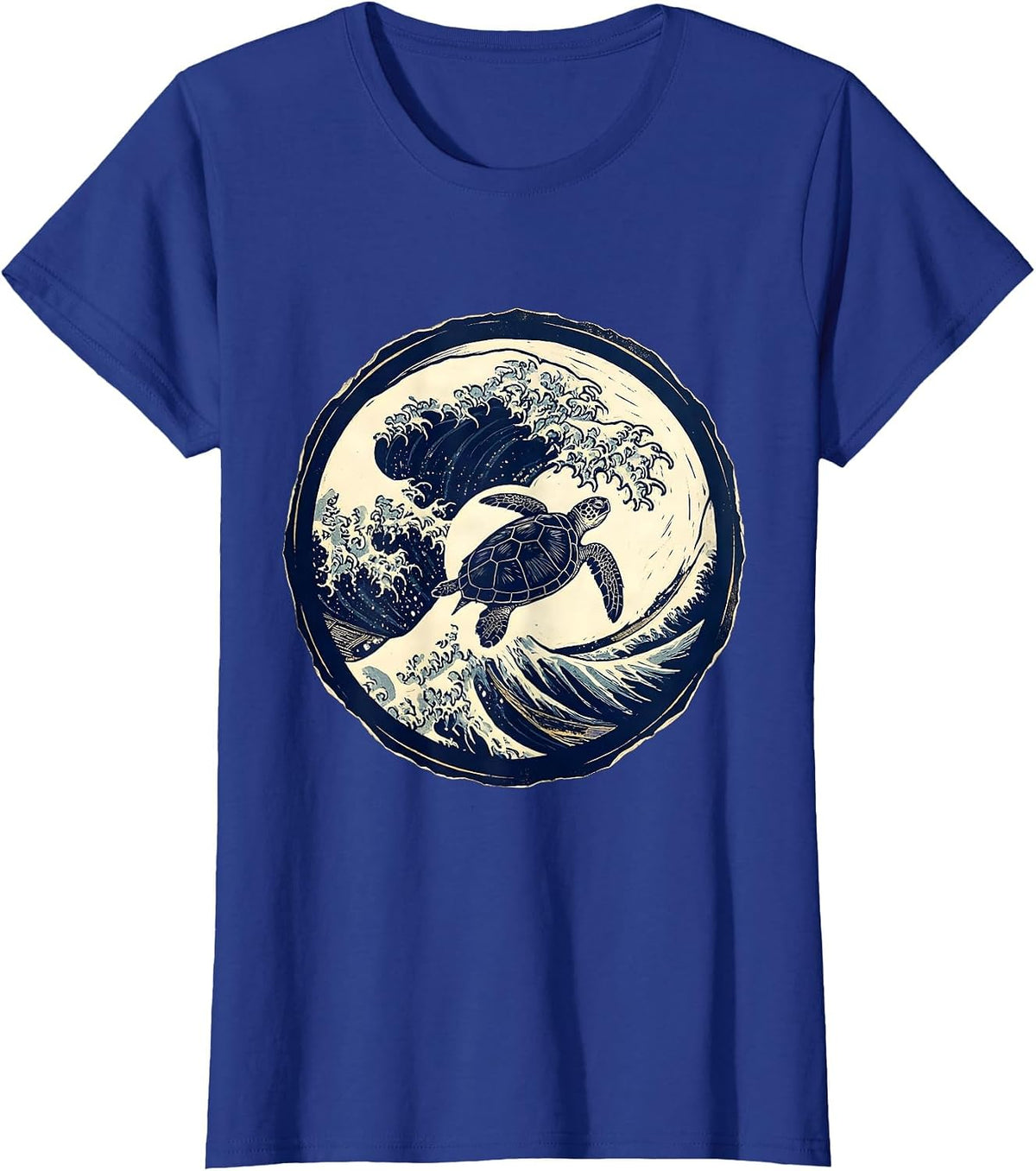 Women's Turtle Silhouette Crashing Ocean Wave Graphic T-Shirt - Royal Blue