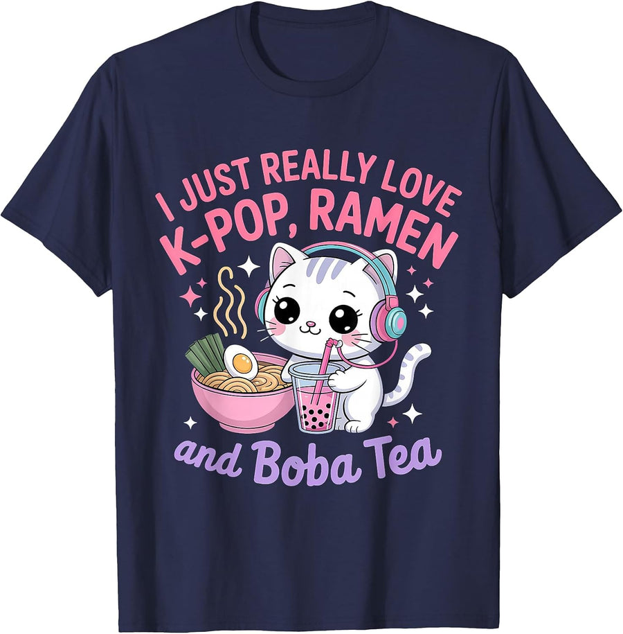 I Just Really Love K-Pop Ramen and Boba Tea Cat T-Shirt - Navy Blue
