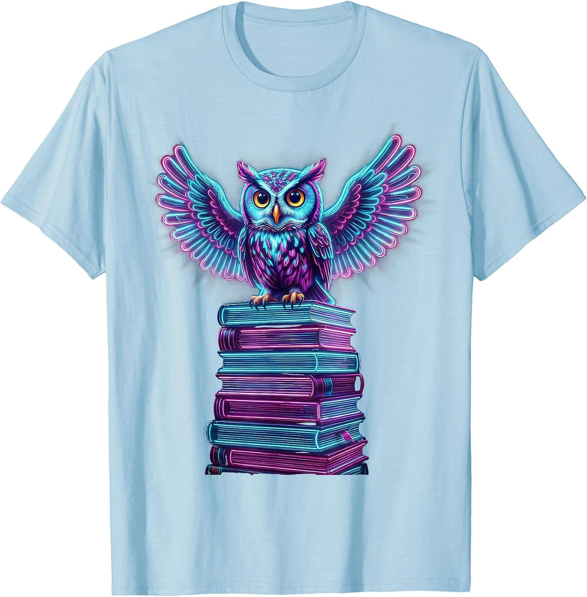 Men's Wise Owl Perched on Towering Stack of Books T-Shirt - Baby Blue