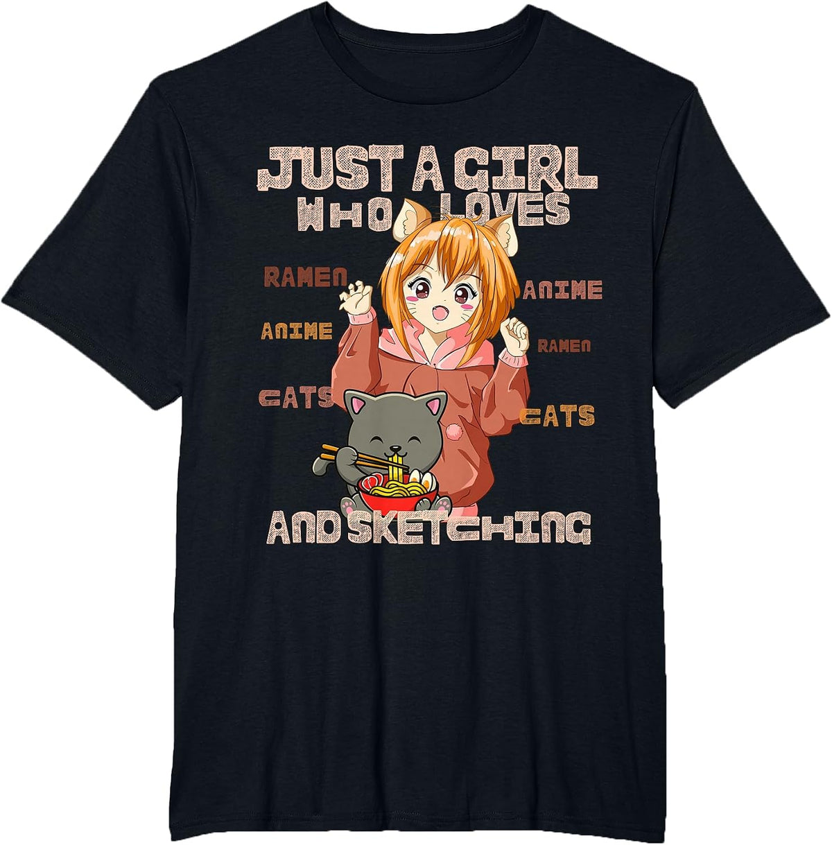Just a Girl Who Loves Cats, Ramen, Amine and Sketching Manga T-Shirt - Black