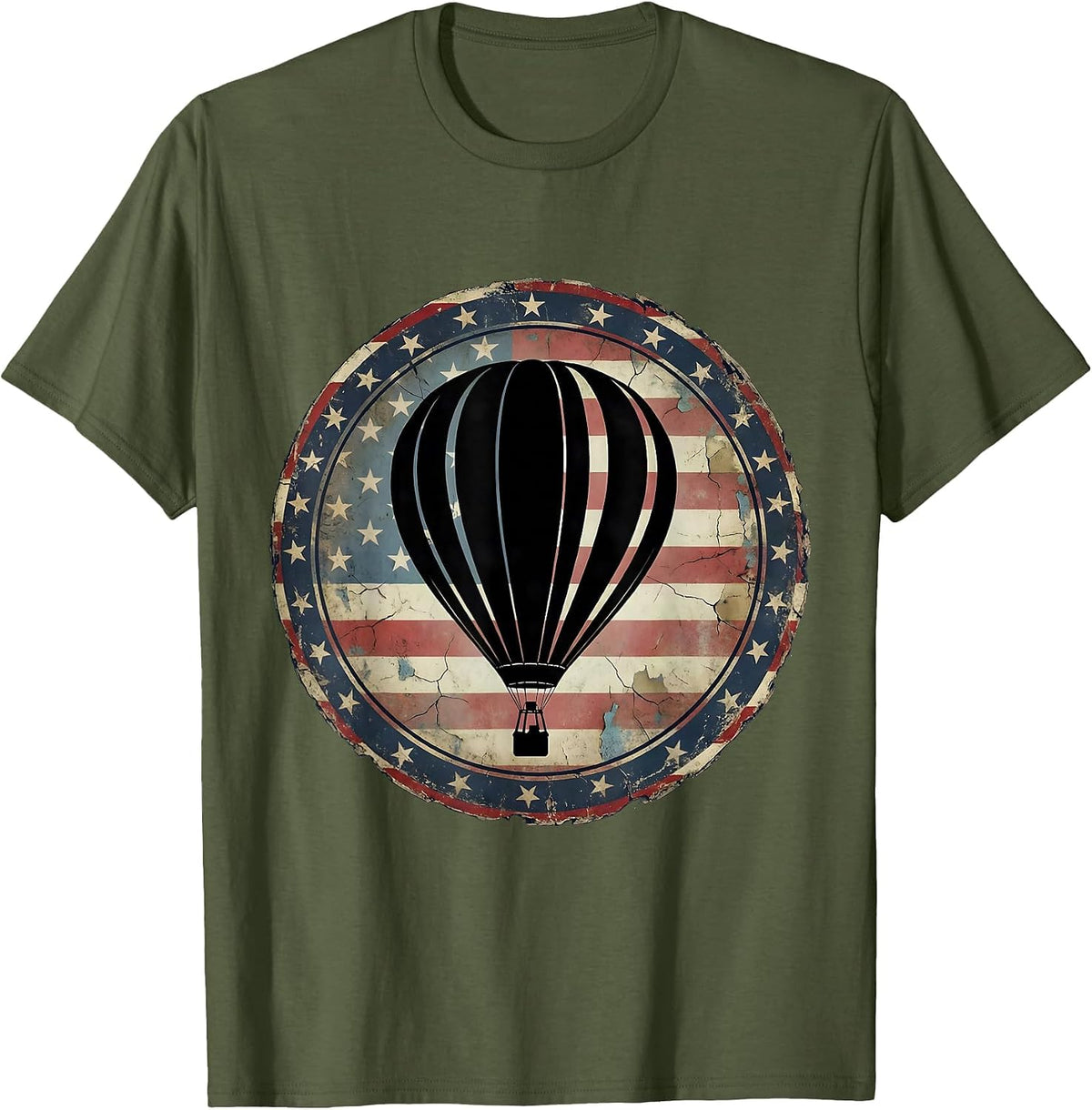 Red White and Blue Hot Air Balloon Flag Design T-Shirt - Olive Green