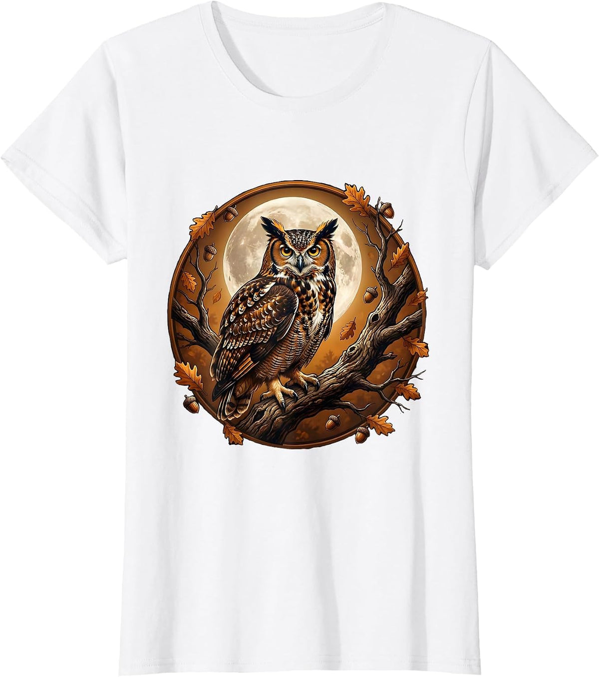 Women's Owl on Branch Full Moon Fall Night Illustration T-Shirt - White