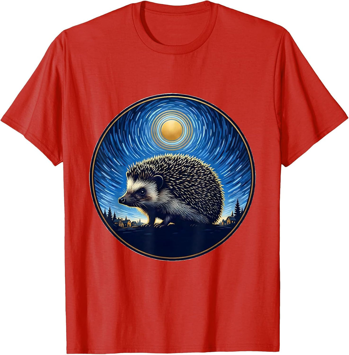 Men's Hedgehog Starry Night Van Gogh Animal Lover Art Parody T-Shirt - Red