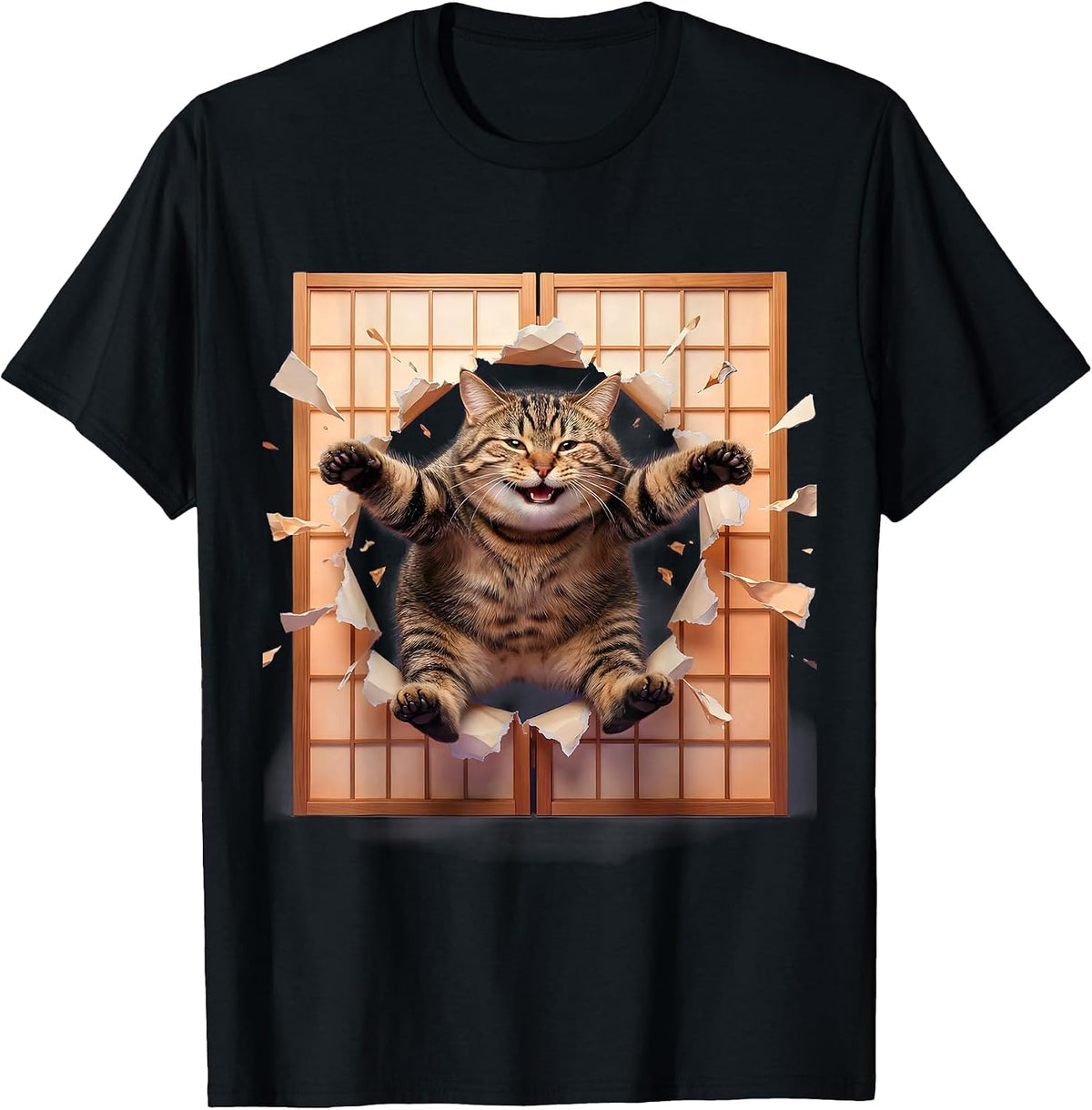 Men's Tabby Cat Leaping Through Shoji Screen T-Shirt - Black