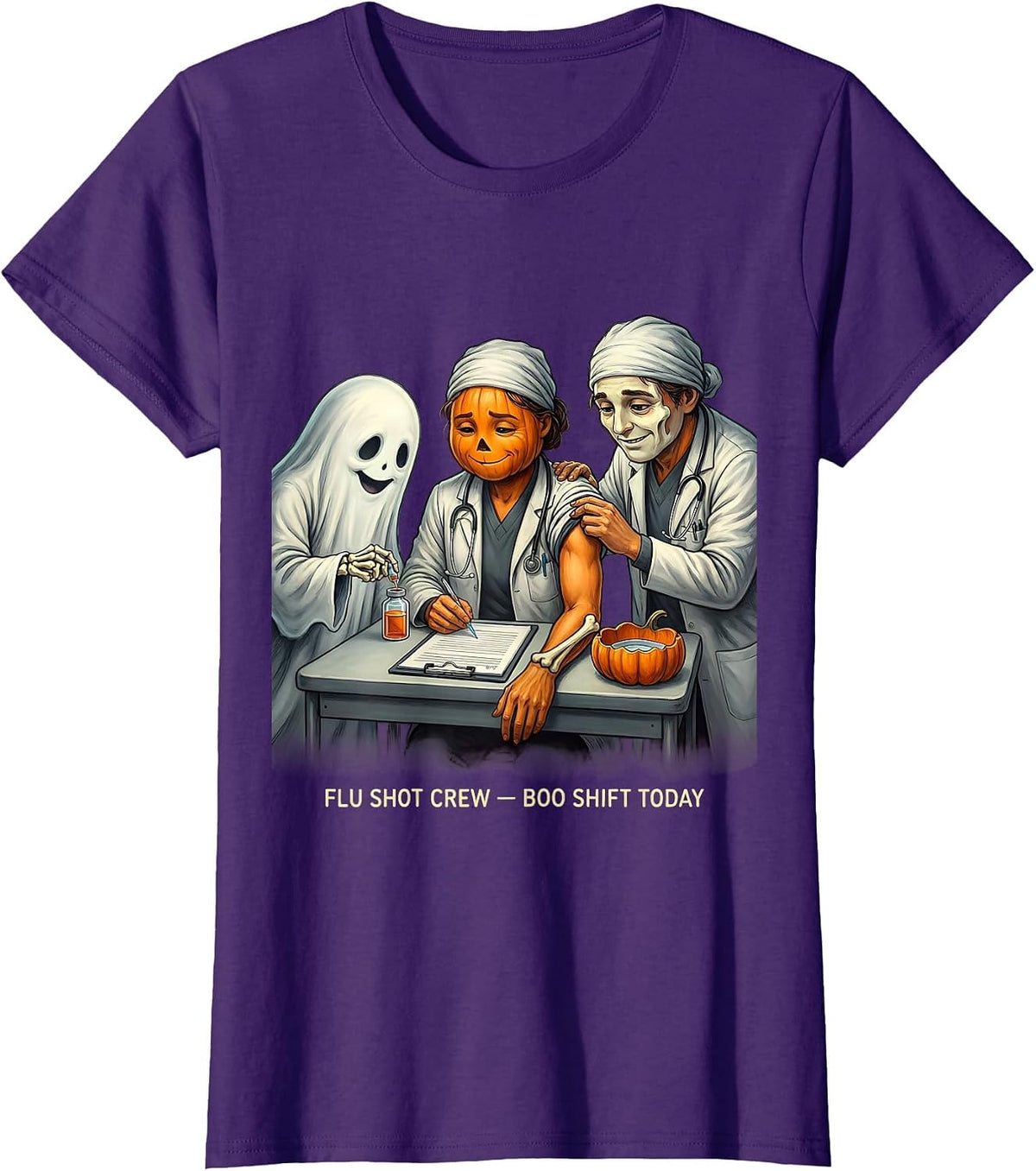 Women's Flu Shot Crew Boo Shift Today Funny Nurse Ghost Halloween T-Shirt - Purple