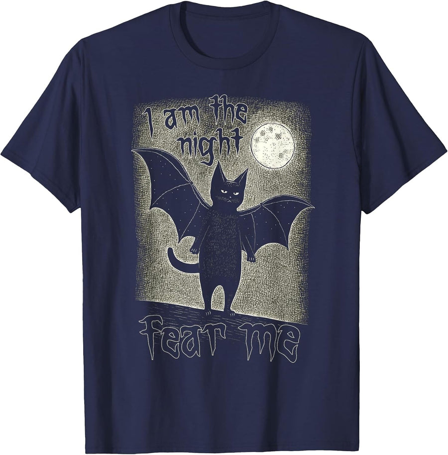 I Am The Night Fear Me Cute Black Cat Bat Punk Goth Grunge T-Shirt - Navy Blue