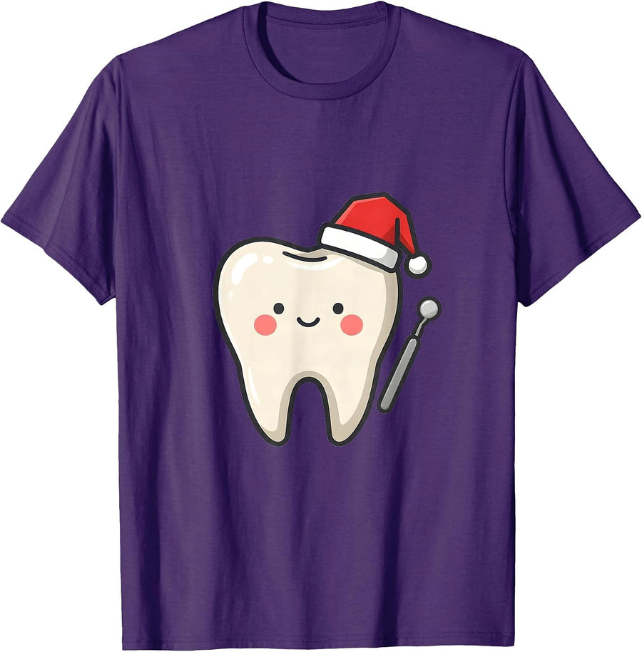 Men's Rounded Tooth Santa Hat Cute Dentist Christmas Dental Crew T-Shirt - Purple