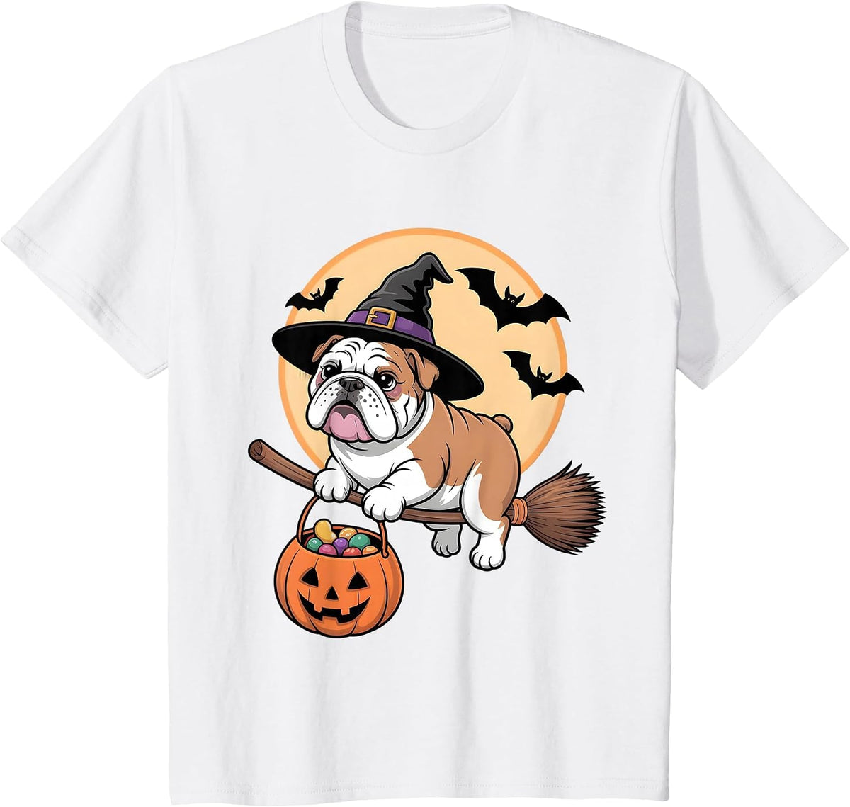 Bulldog Witch Hat Pumpkin Halloween Costume Men Women Kids T-Shirt - White