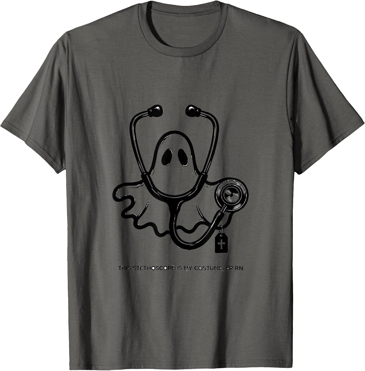 This Stethoscope Is My Costume ER RN Funny Ghost Halloween T-Shirt - Asphalt Grey