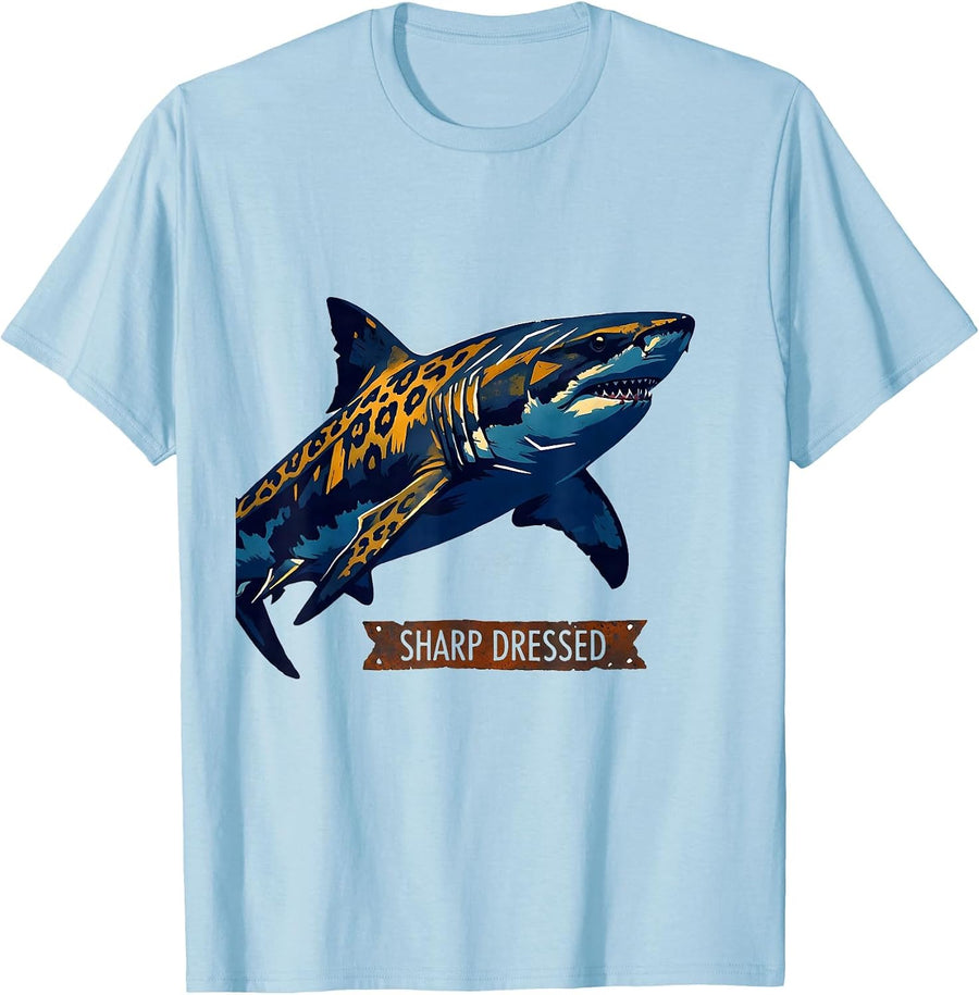 Men's Sharp Dressed Linocut Leopard Shark Humor Marine Biology T-Shirt - Baby Blue