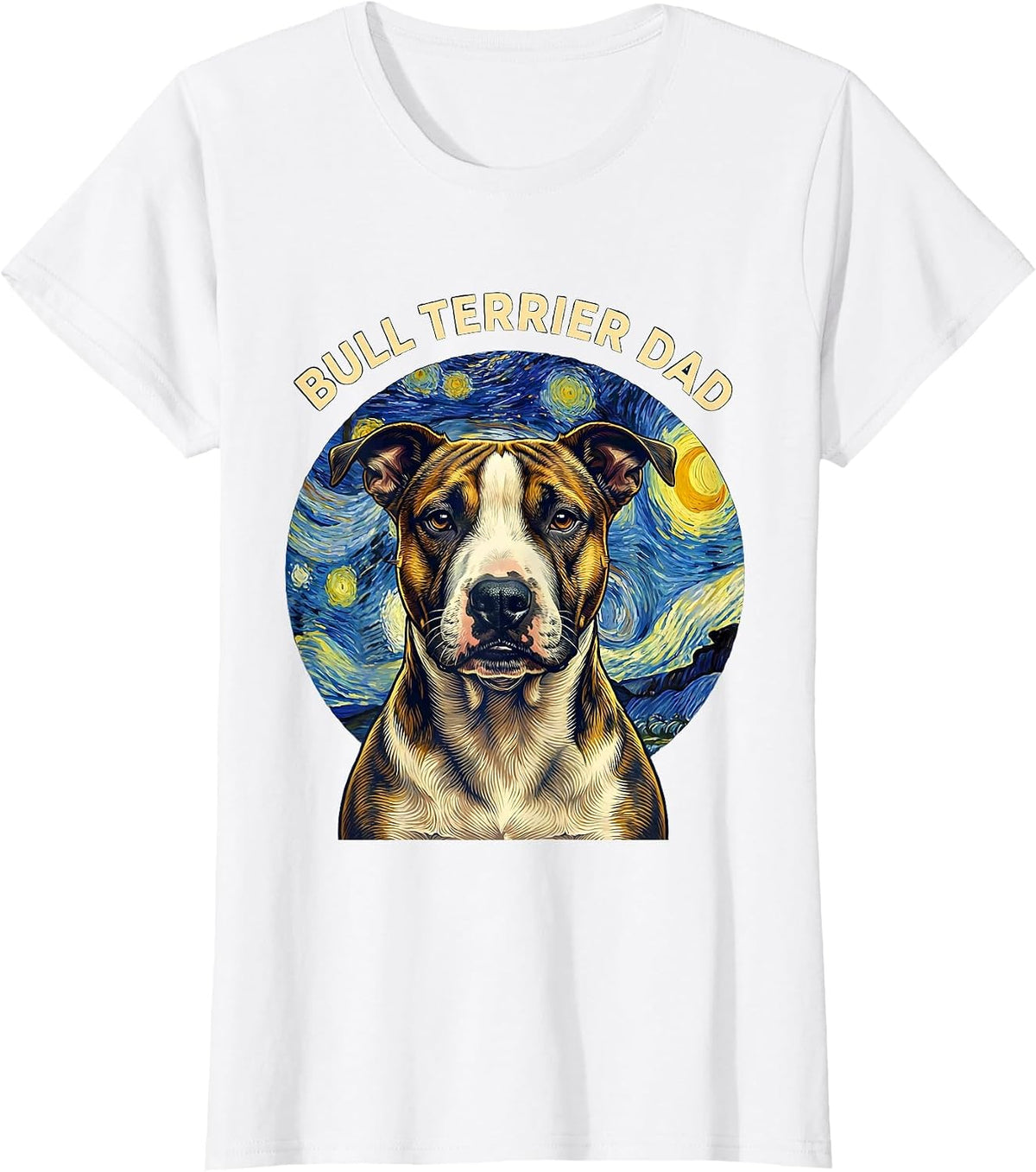 Women's Bull Terrier Dad Whimsical Art Homage Dog Breed Portrait T-Shirt - White