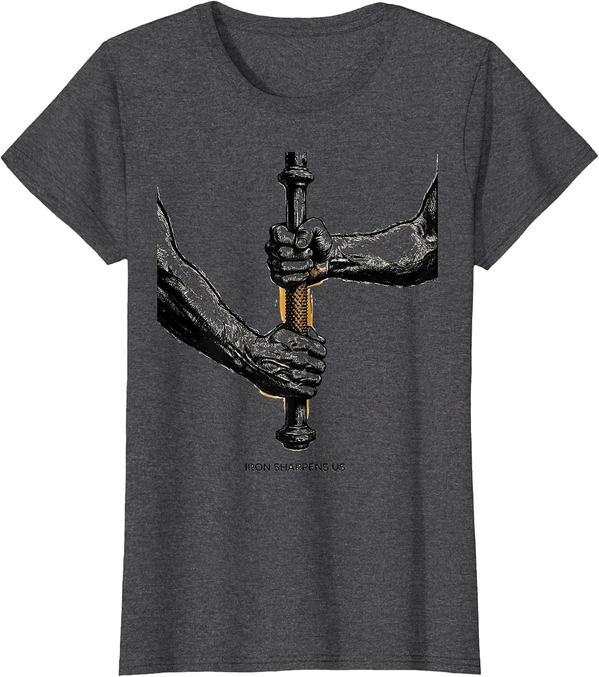 Women's Iron Sharpens Us Motivational Faith-Driven Gym Weightlifter T-Shirt - Dark Heather Grey