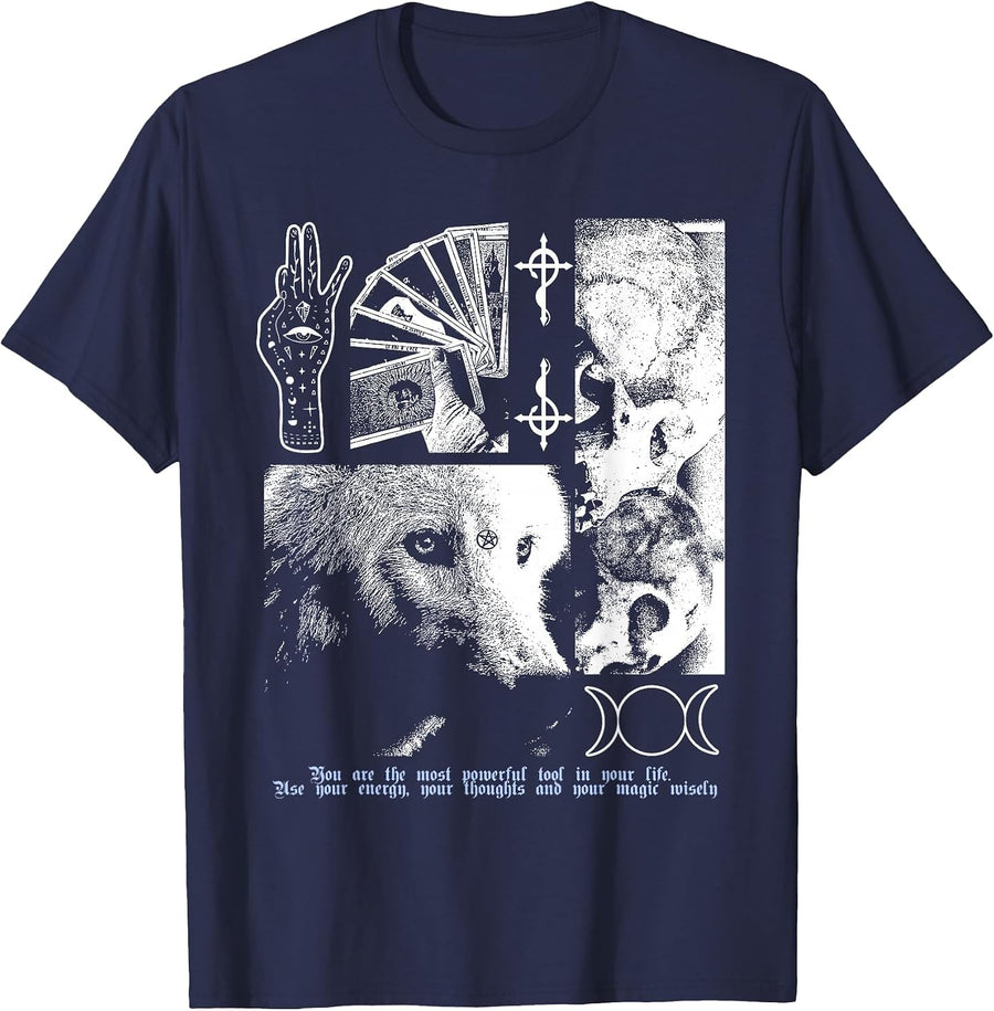 Alternative Clothes Aesthetic Goth Women Magic Wolf Graphic T-Shirt - Navy Blue