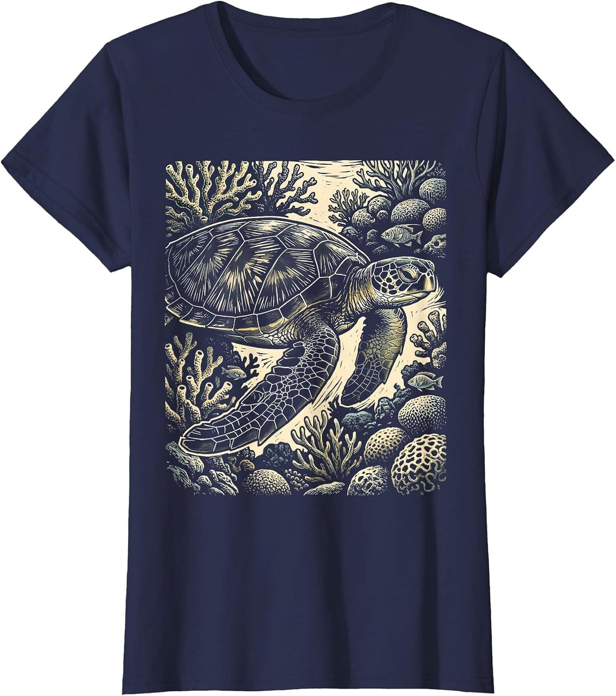 Women's Sea Turtle Coral Reef Ocean Illustration T-Shirt - Navy Blue