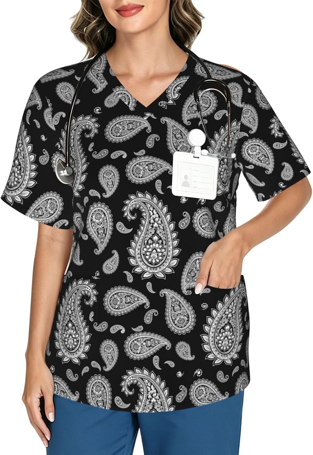 Supdreamc Women's V Neck Scrub Top Short Sleeve Practical Nursing Workwear - Pattern (650)