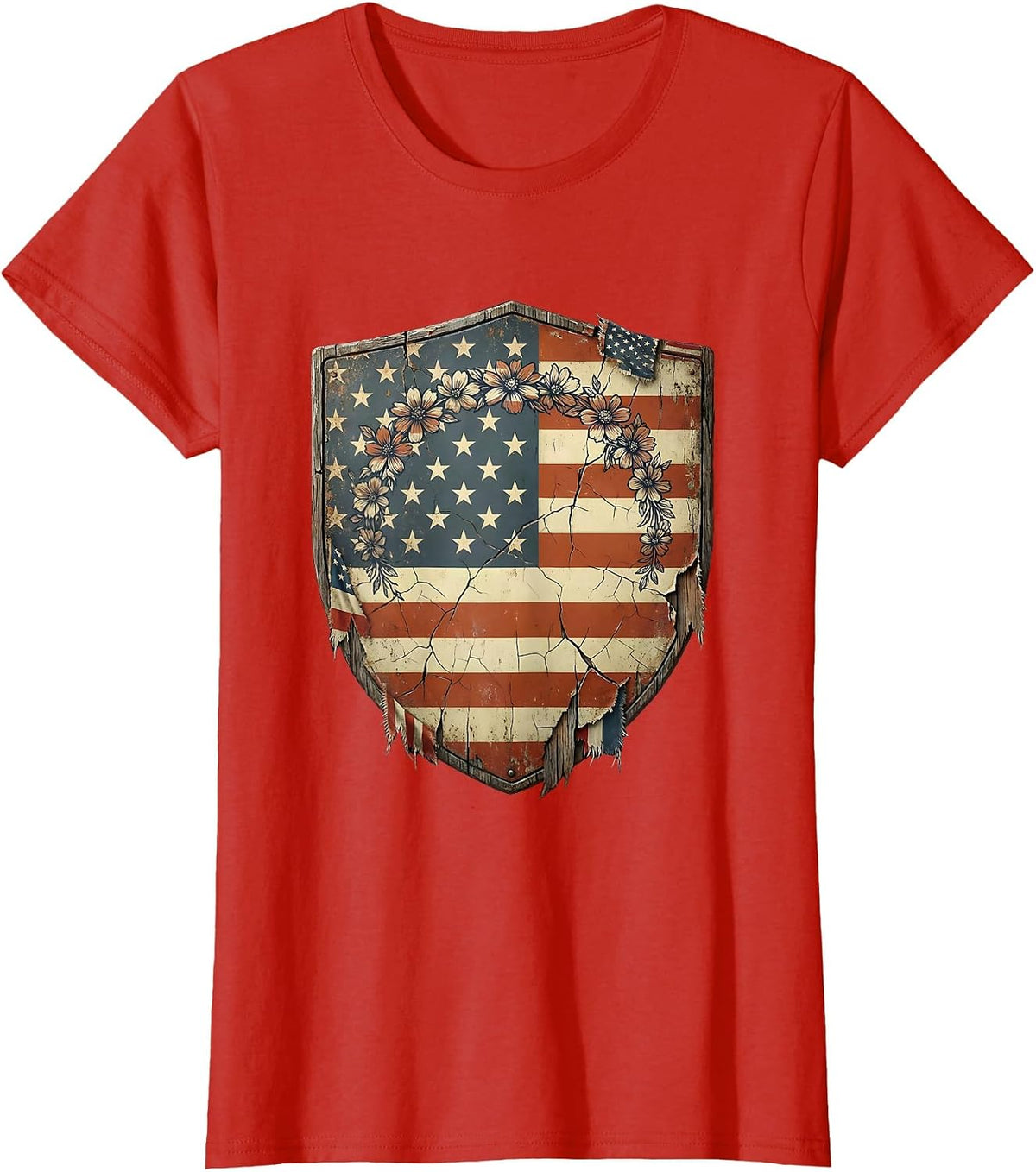 Red White and Blue Flower Crown Girl Design T-Shirt - Red