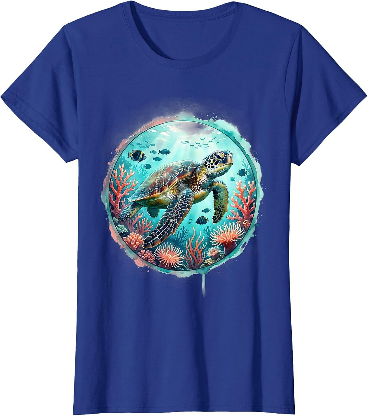 Women's Hawaiian Sea Turtle Coral Reef Graphic Tee T-Shirt - Royal Blue