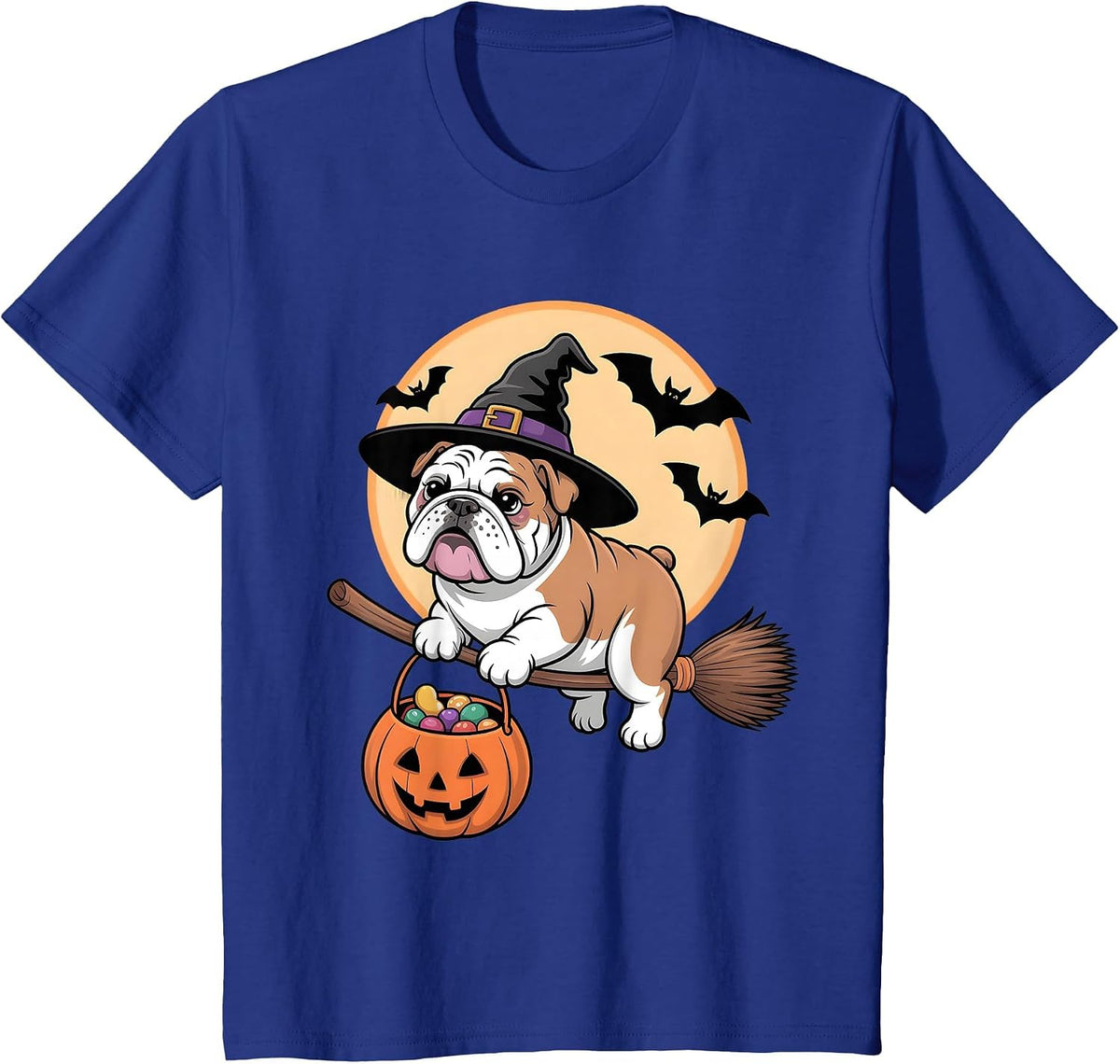 Bulldog Witch Hat Pumpkin Halloween Costume Men Women Kids T-Shirt - Royal Blue