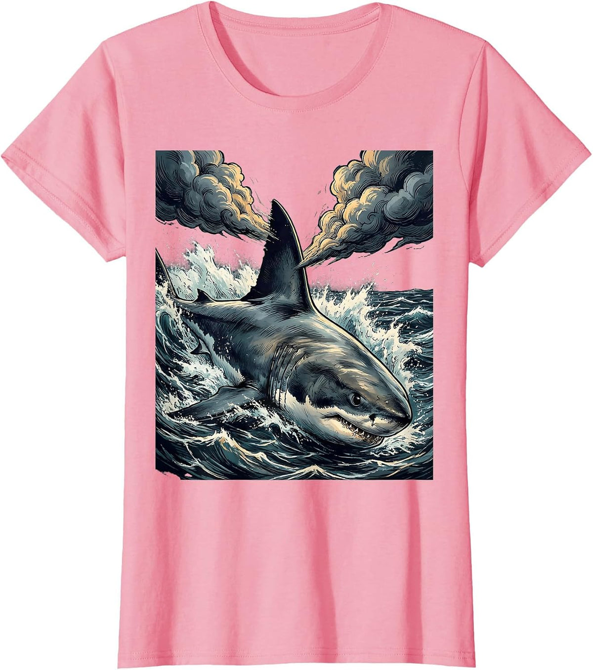 Women's Shark Dorsal Fin Storm Clouds Graphic Tee T-Shirt - Pink