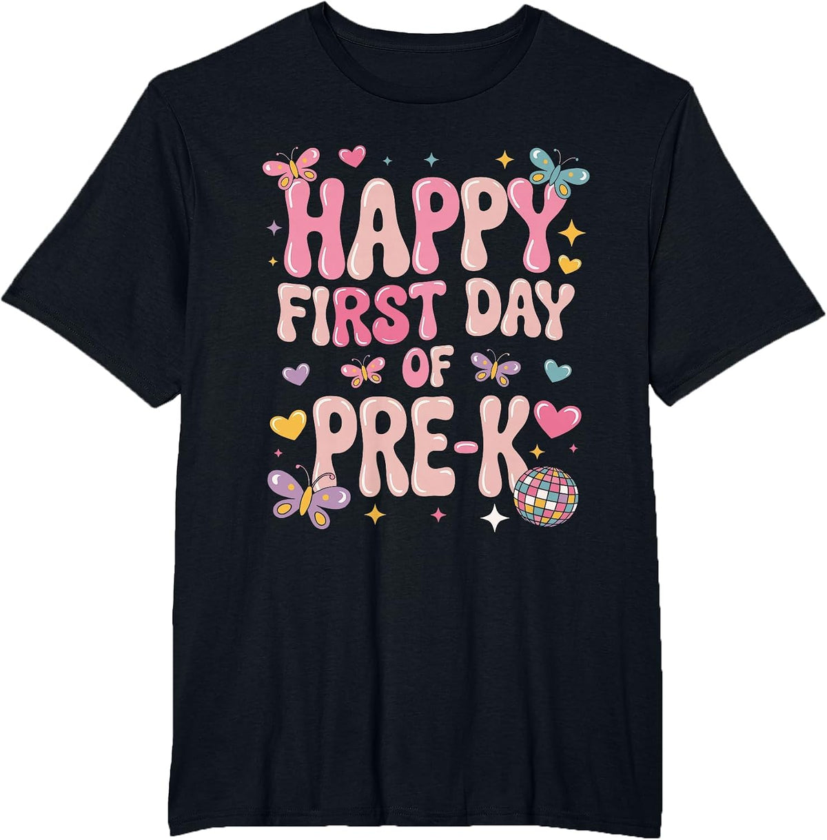 Happy First Day of Pre-K Girls Groovy Disco Back to School T-Shirt - Black