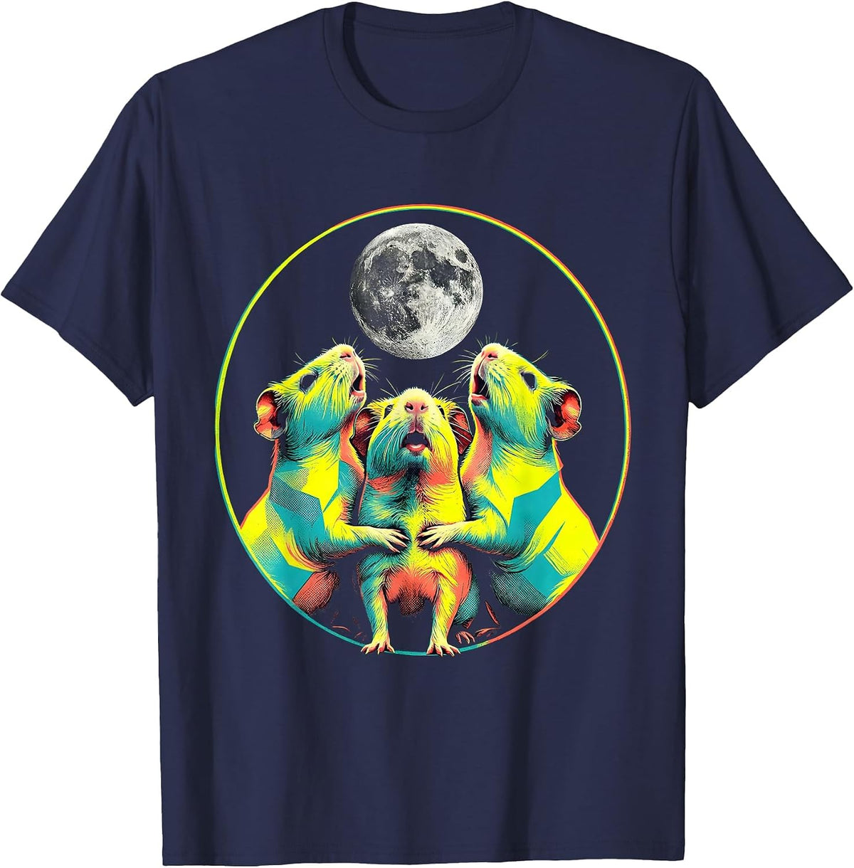 Three Hairless Guinea Pigs Howl At Moon Risograph Parody T-Shirt - Navy Blue