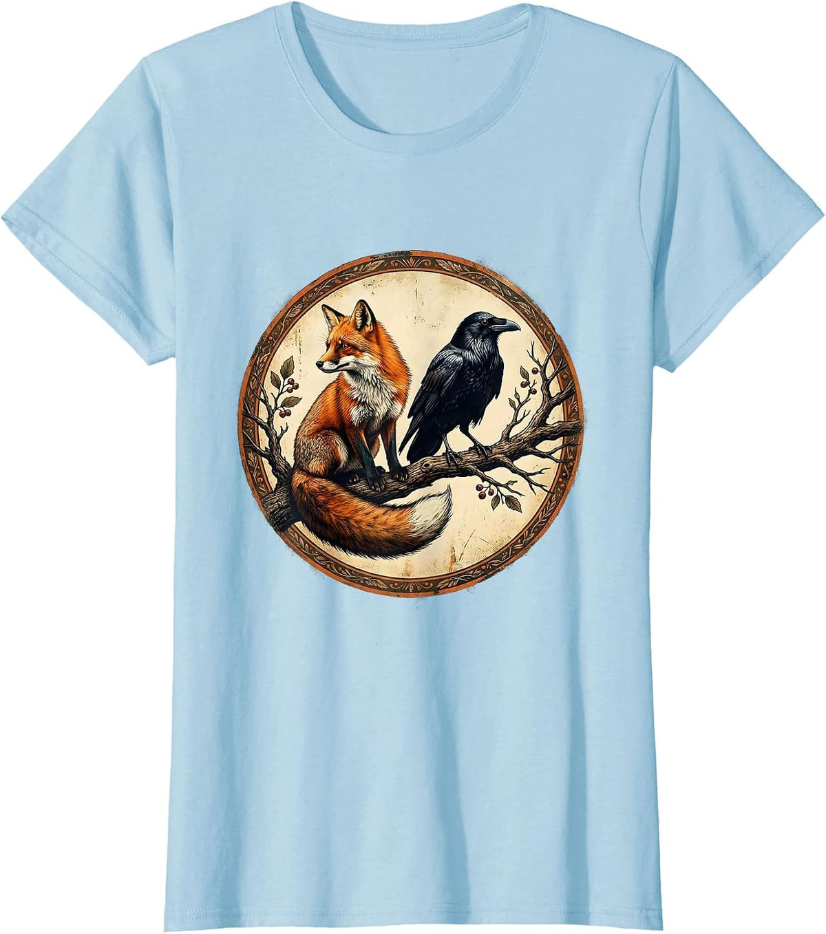 Women's Fox and Raven Perched Together on Branch T-Shirt - Baby Blue