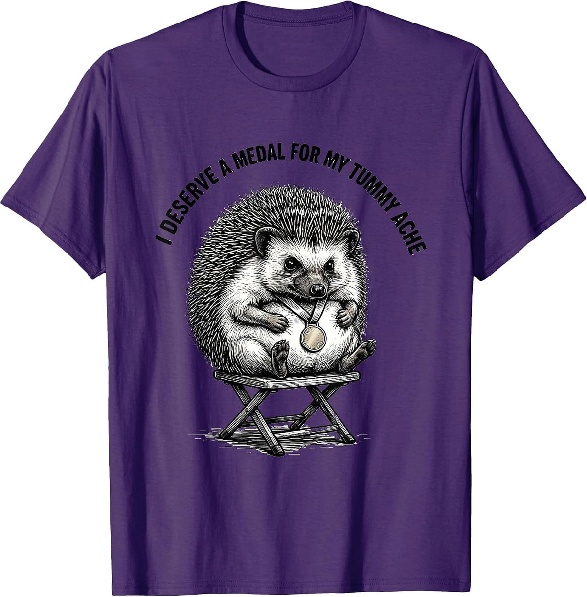 I Deserve A Medal For My Tummy Ache Funny Hedgehog Meme T-Shirt - Purple