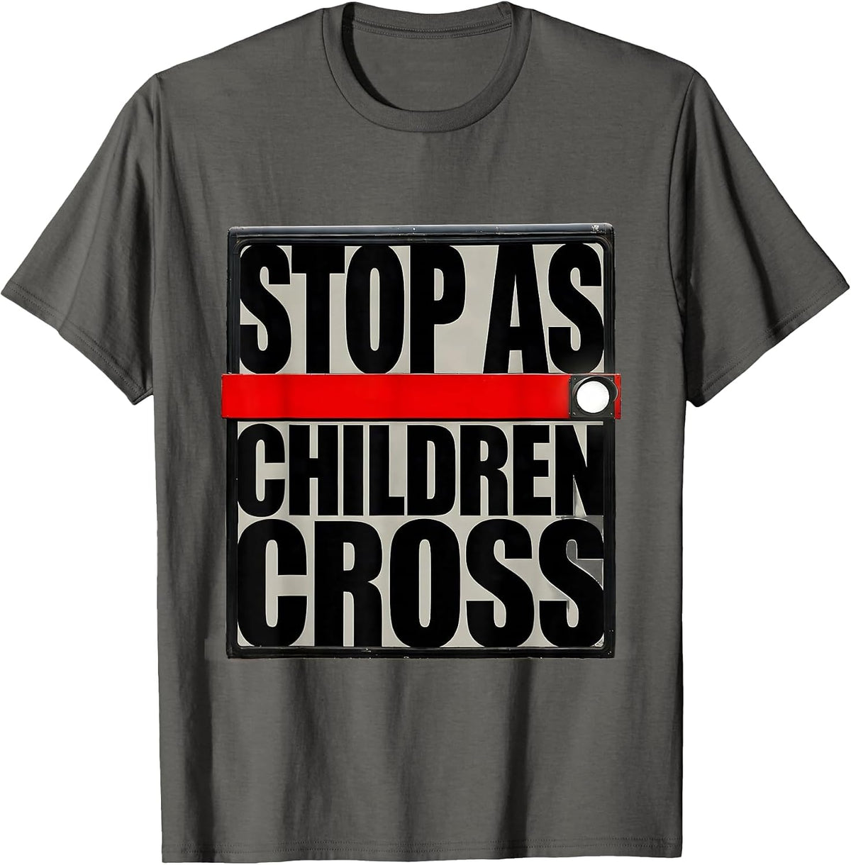 STOP AS CHILDREN CROSS Brutalist Bus Driver Safety Week T-Shirt - Asphalt Grey
