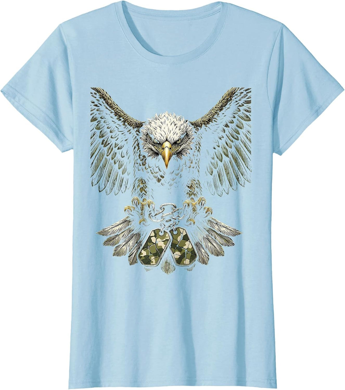 Women's Eagle Camo Dog Tags Patriotic Graphic Tee T-Shirt - Baby Blue