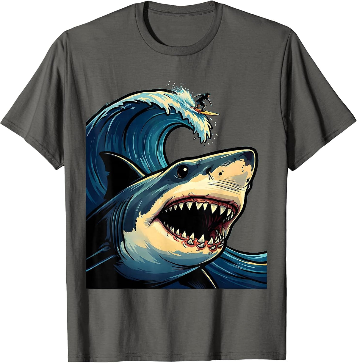 Men's Shark Silhouette Beneath Lone Surfer Graphic T-Shirt - Asphalt Grey